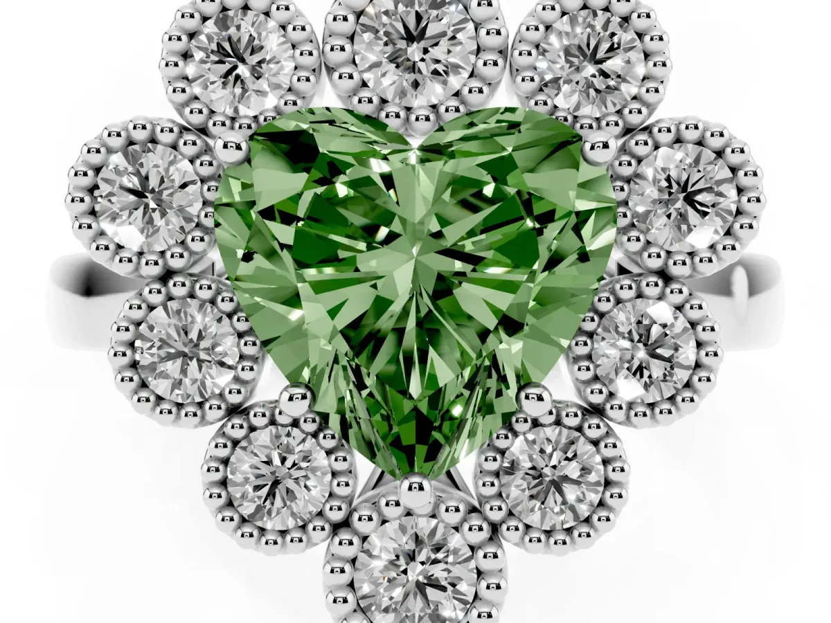 Fancy Green Heart Cut Halo Diamond Cluster Engagement Ring with Milgrain Bezel Setting and Solitaire Band White gold