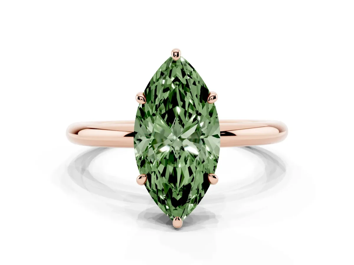 Fancy Green Marquise Cut Solitaire Diamond Ring with Four-Prong Setting on a Plain Band Rose gold