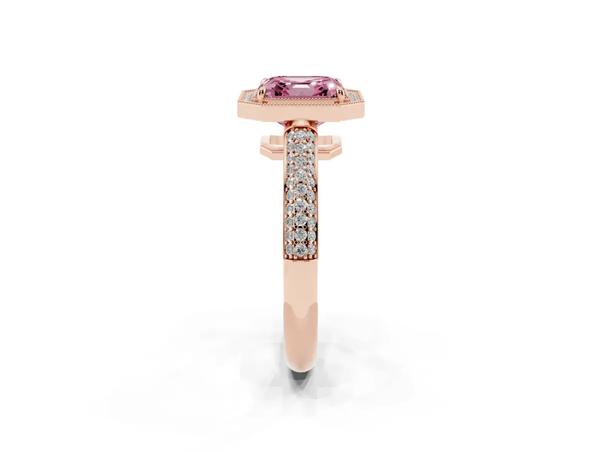 Fancy Pink Asscher Cut Cut Halo Diamond Pave Band with Four-Prong Setting Rose gold