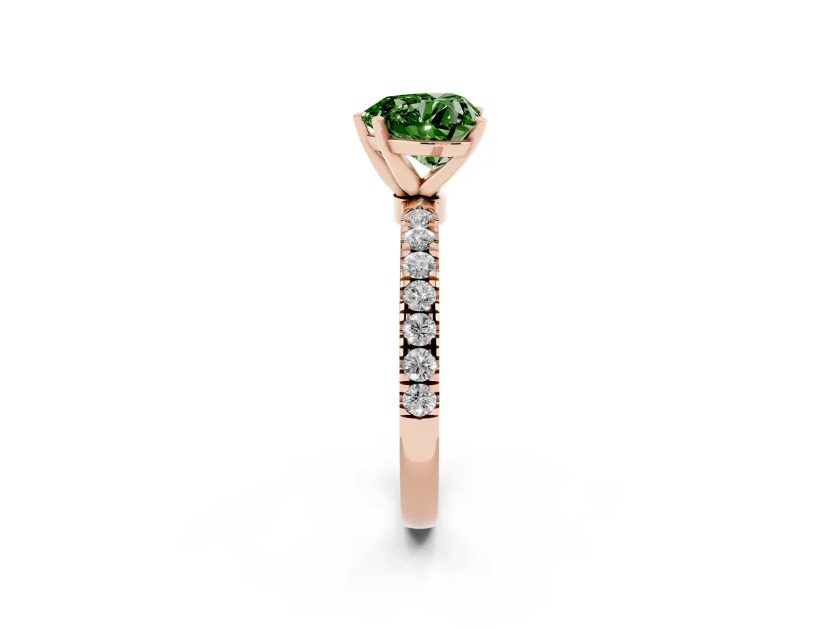 Fancy Green Heart Cut Diamond Solitaire Ring with Pavé Accents and Four-Prong Setting Rose gold