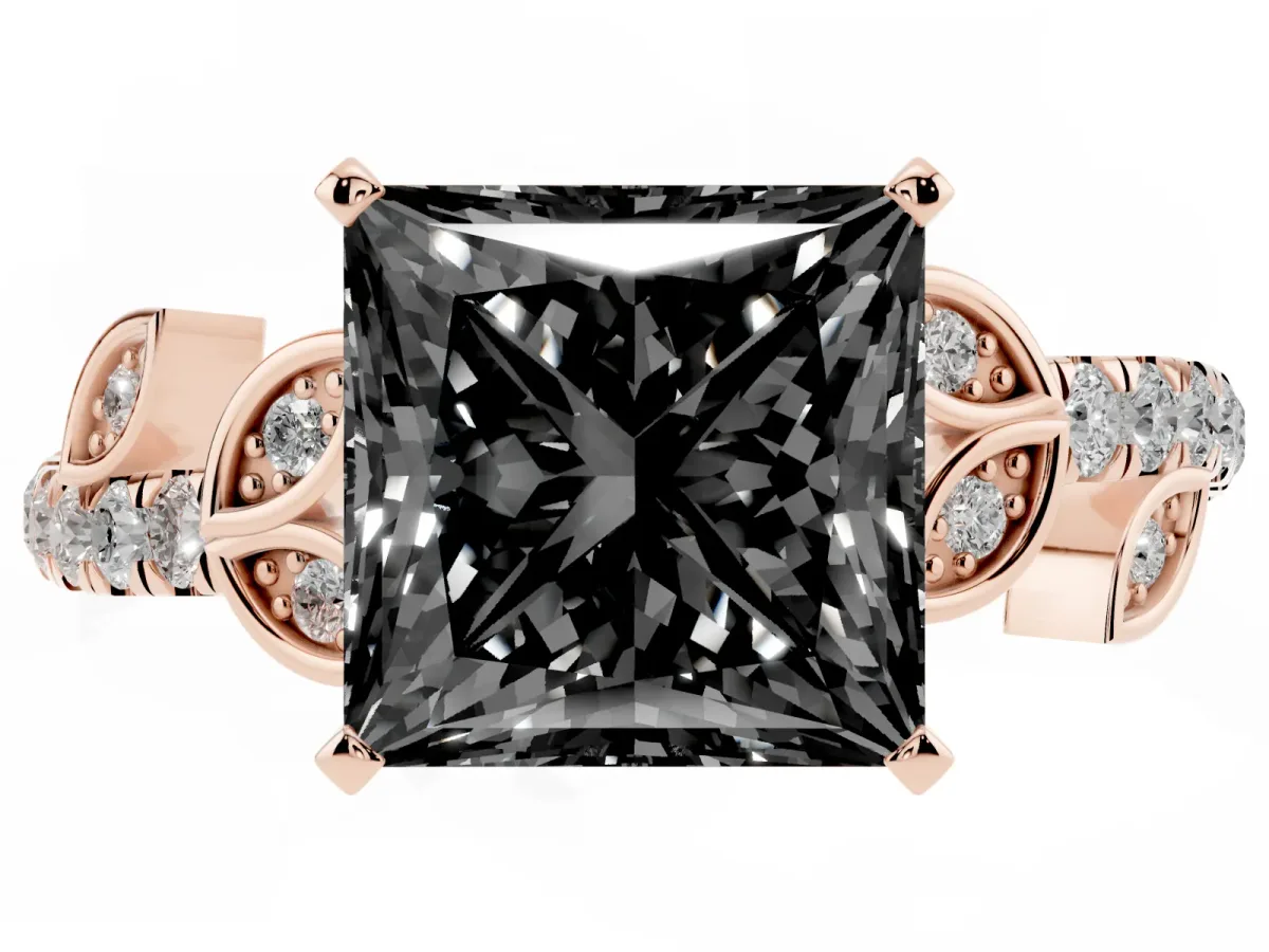 Fancy Black Princess Cut Solitaire Leaf-Inspired Diamond Ring with Pavé Band and Four-Prong Setting Rose gold