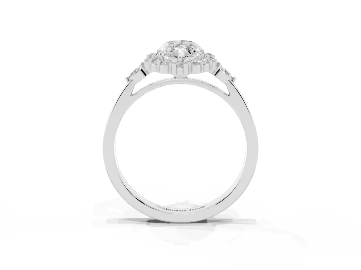 Marquise Cut Diamond Halo Ring with Pear Side Stones and Prong Setting Silver