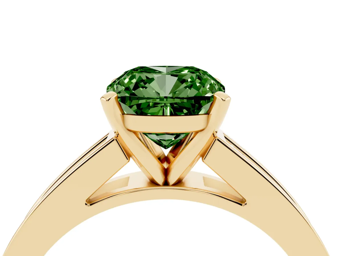 Fancy Green Cushion Cut Solitaire Diamond Ring with Channel-Set Band and Four-Prong Setting Yellow gold