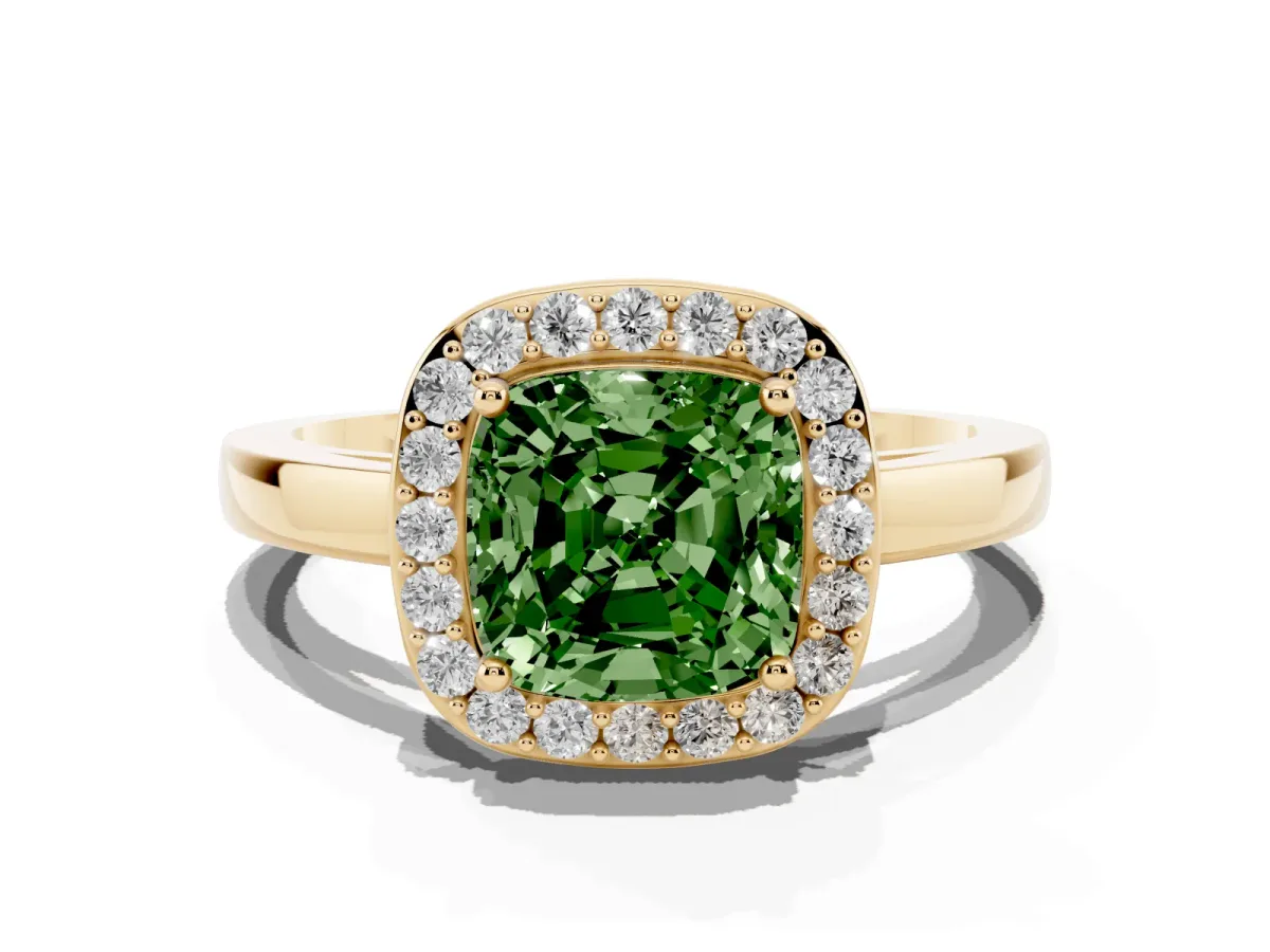 Fancy Green Cushion Cut Halo Diamond Ring with Solitaire Band and Prong Setting Yellow gold
