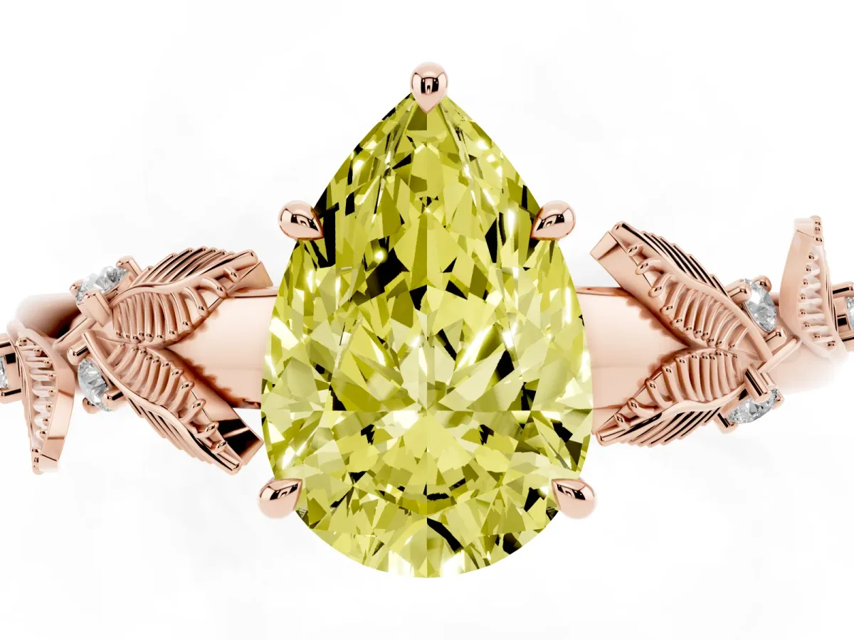 Fancy Yellow Pear Cut Diamond Solitaire Ring with Leaf Motif Band and Four-Prong Setting Rose gold