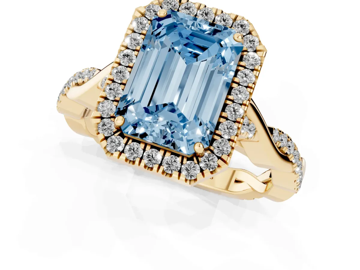 Fancy Blue Emerald Cut Halo Twist Band Solitaire Ring Yellow gold