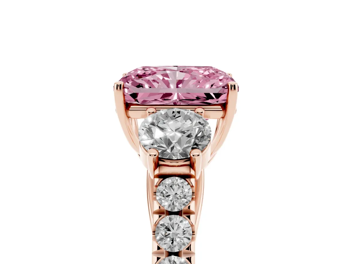 Fancy Pink Radiant Cut Cut Diamond Three-Stone Ring with Round Side Stones and Pavé Band Rose gold