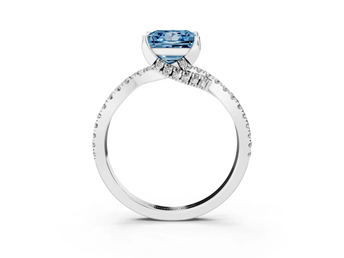 Fancy Blue Princess Cut Solitaire Twist Pave Diamond Engagement Ring with Prong Setting Silver
