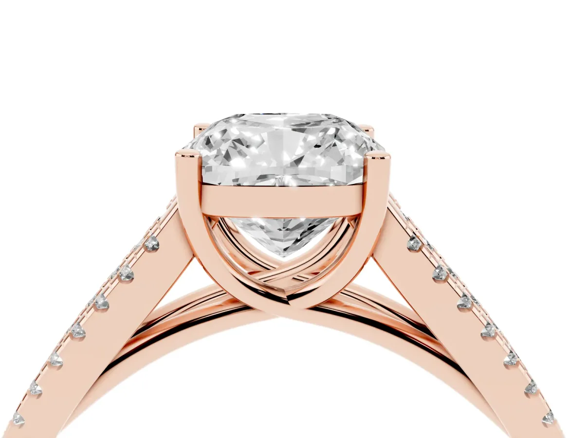Cushion Cut Diamond Solitaire Engagement Ring with Split Shank Pavé Band Rose gold