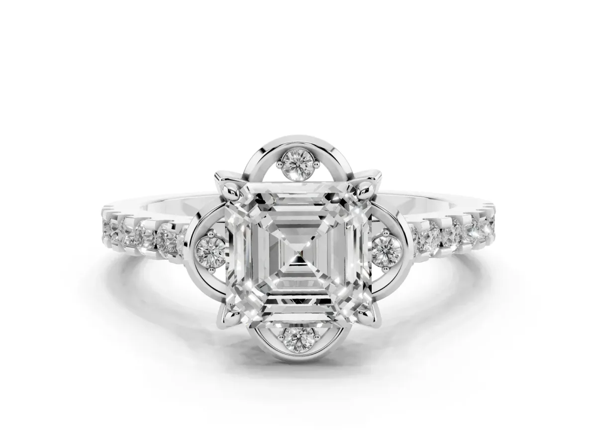 Asscher Cut Diamond Ring with Pavé Band and Floral Prong Setting Platinum