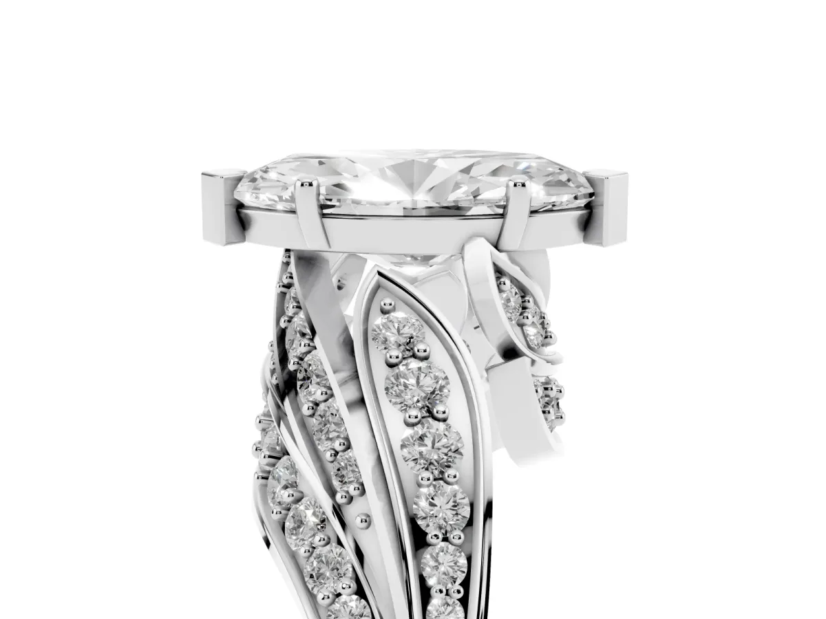 Marquise Cut Diamond Solitaire Ring with Prong Setting and Twisted Pavé Band Silver
