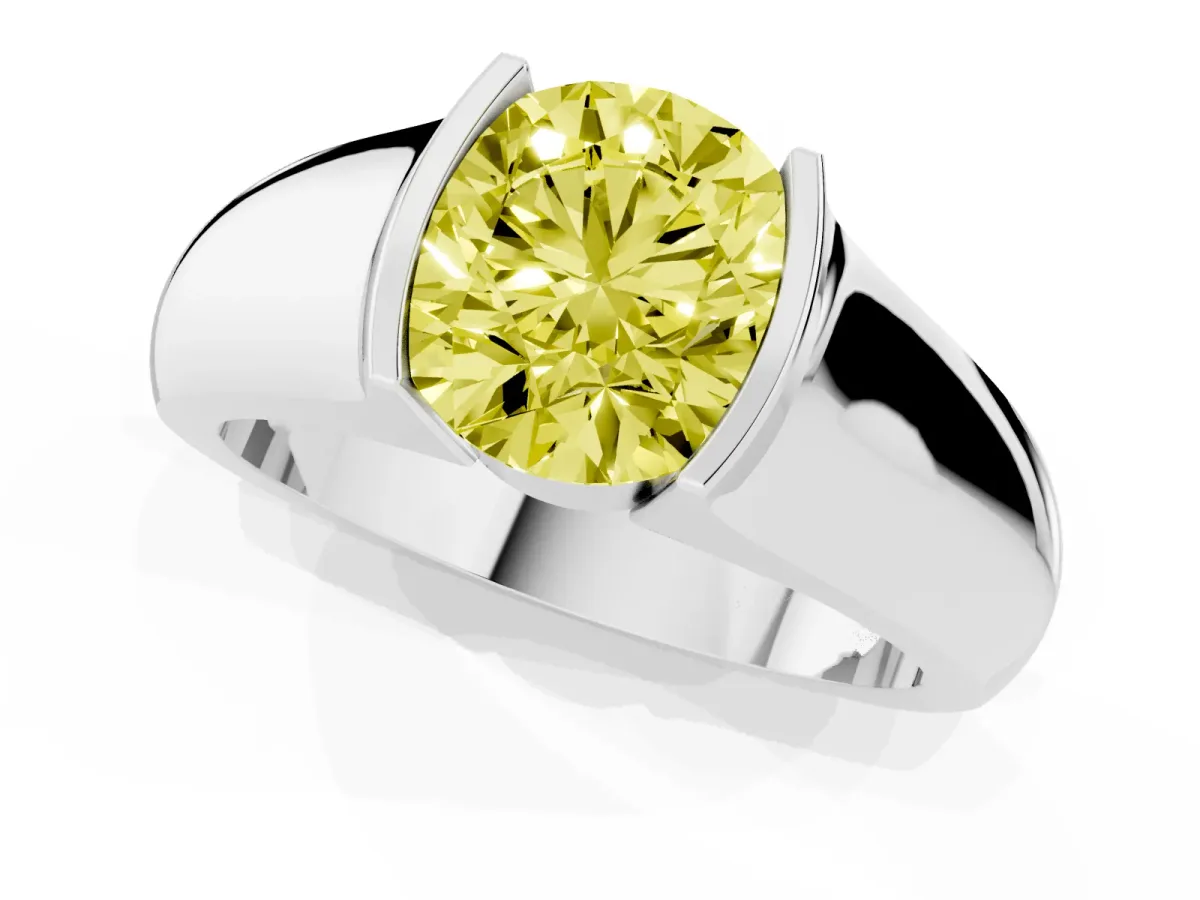 Fancy Yellow Round Cut Solitaire Bezel Set Diamond Ring with Wide Band Platinum