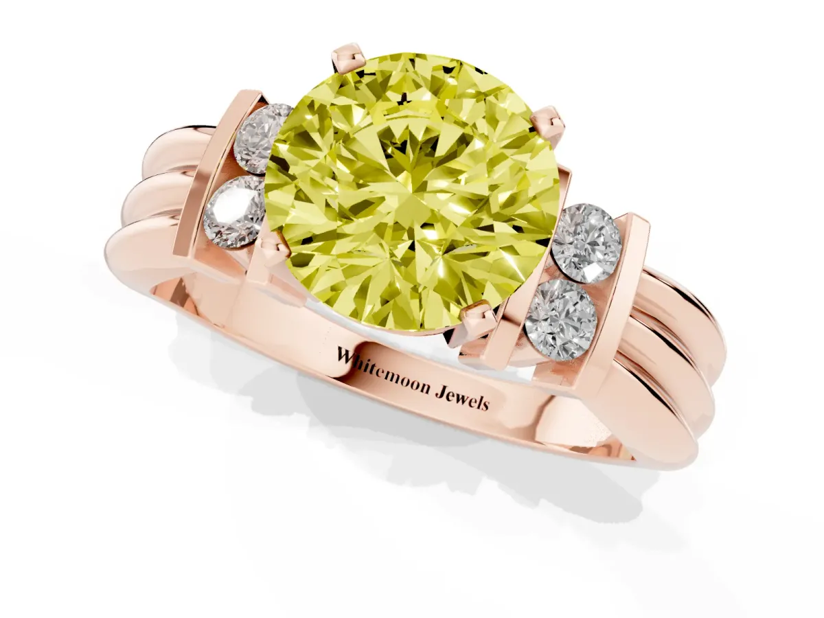 Fancy Yellow Round Cut Cut Three-Stone Channel Set Ring with Bar Prongs Rose gold
