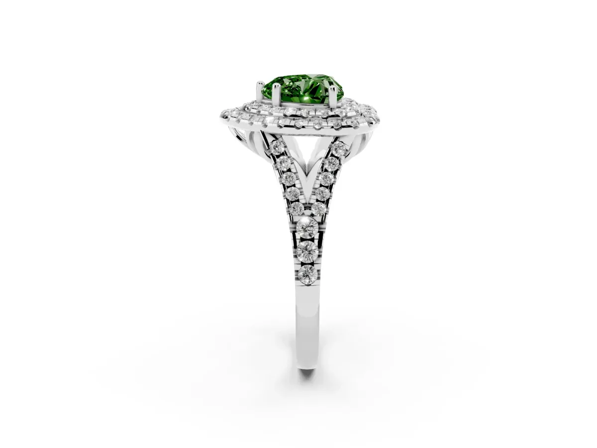 Fancy Green Double Halo Heart Cut Diamond Pavé Split Shank Ring with Prong Setting Platinum