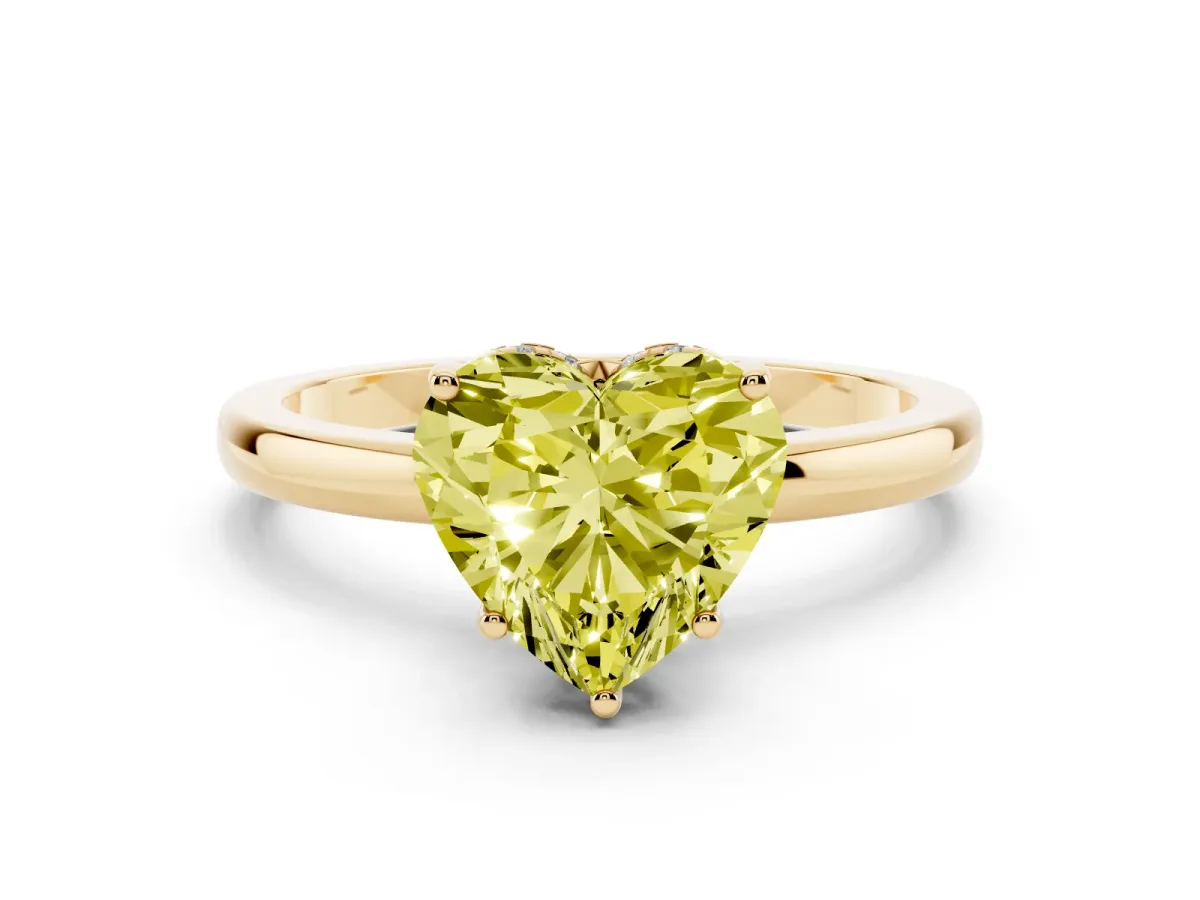 Fancy Yellow Heart Cut Solitaire Diamond Ring with Prong Setting and Plain Band Yellow gold