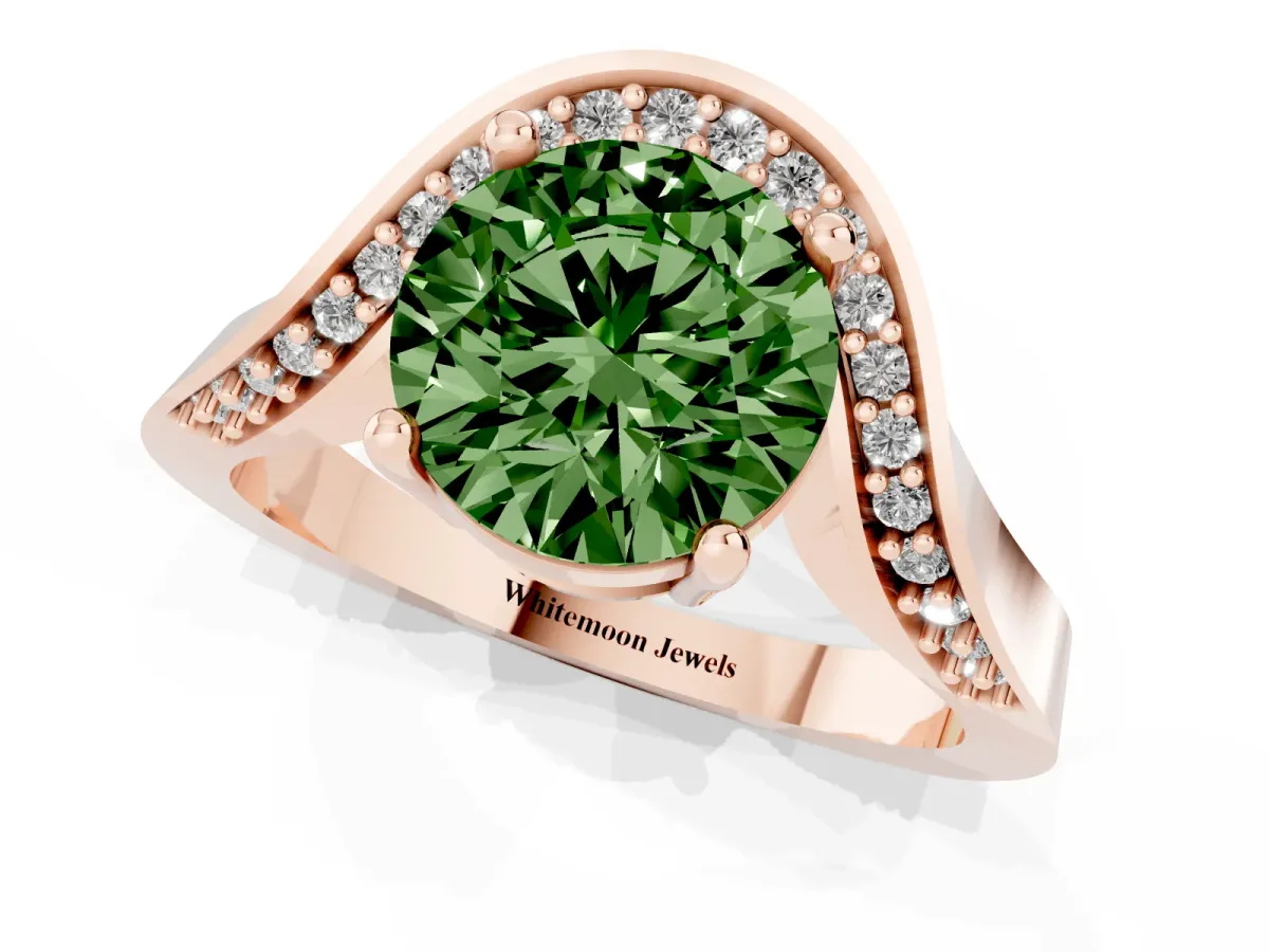 Fancy Green Round Cut Solitaire Diamond Engagement Ring with Pave Band and Four-Prong Setting Rose gold