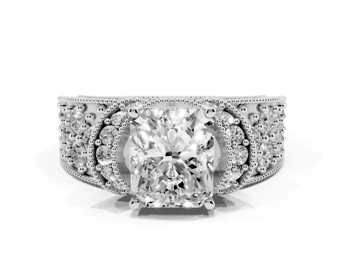 Radiant Cut Halo Pave Diamond Engagement Ring with Milgrain Detailing Platinum