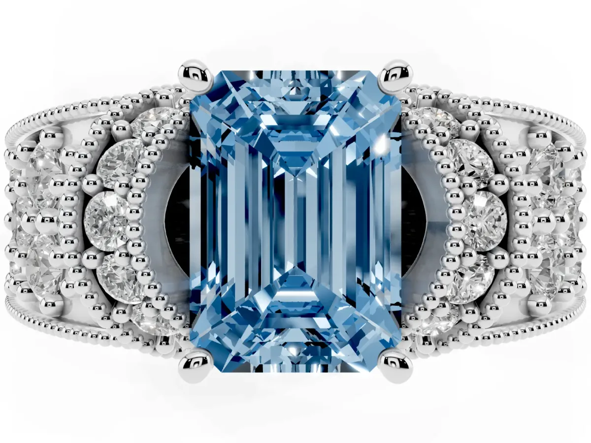Fancy Blue Emerald Cut Halo Pave Diamond Engagement Ring with Milgrain Detailing White gold
