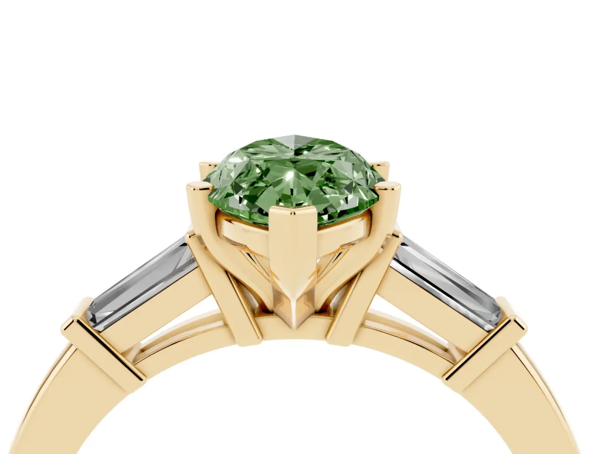 Fancy Green Marquise Cut Cut Diamond Solitaire Ring with Tapered Baguette Accents and Four-Prong Setting Yellow gold