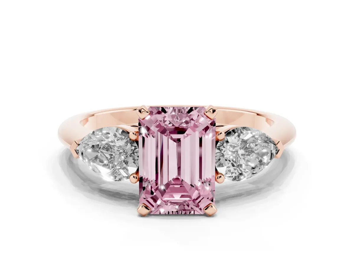 Fancy Pink Three-Stone Emerald Cut Diamond Ring with Pear Side Stones and Four-Prong Setting Rose gold