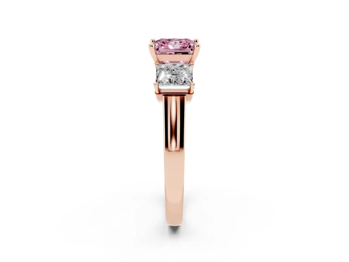 Fancy Pink Three-Stone Princess Cut Brilliant Diamond Trellis Ring with Comfort Fit Band Rose gold