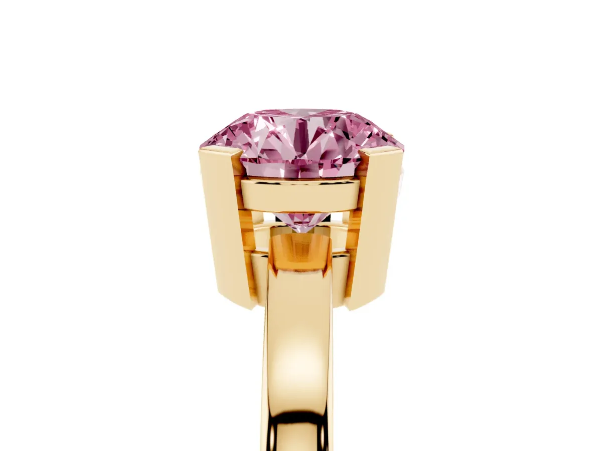 Fancy Pink Round Cut Cut Solitaire Ring with Four-Prong Setting and Classic Band Yellow gold