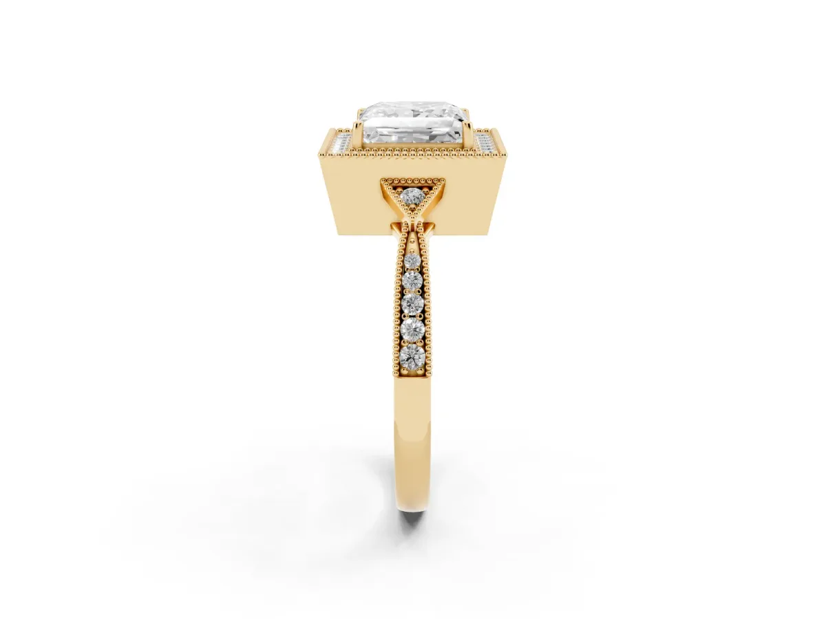 Princess Cut Halo Round Diamond Milgrain Pave Engagement Ring Yellow gold
