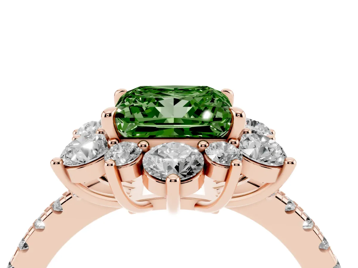 Fancy Green Princess Cut Diamond Floral Halo Ring with Round Pavé Band and Prong Setting Rose gold