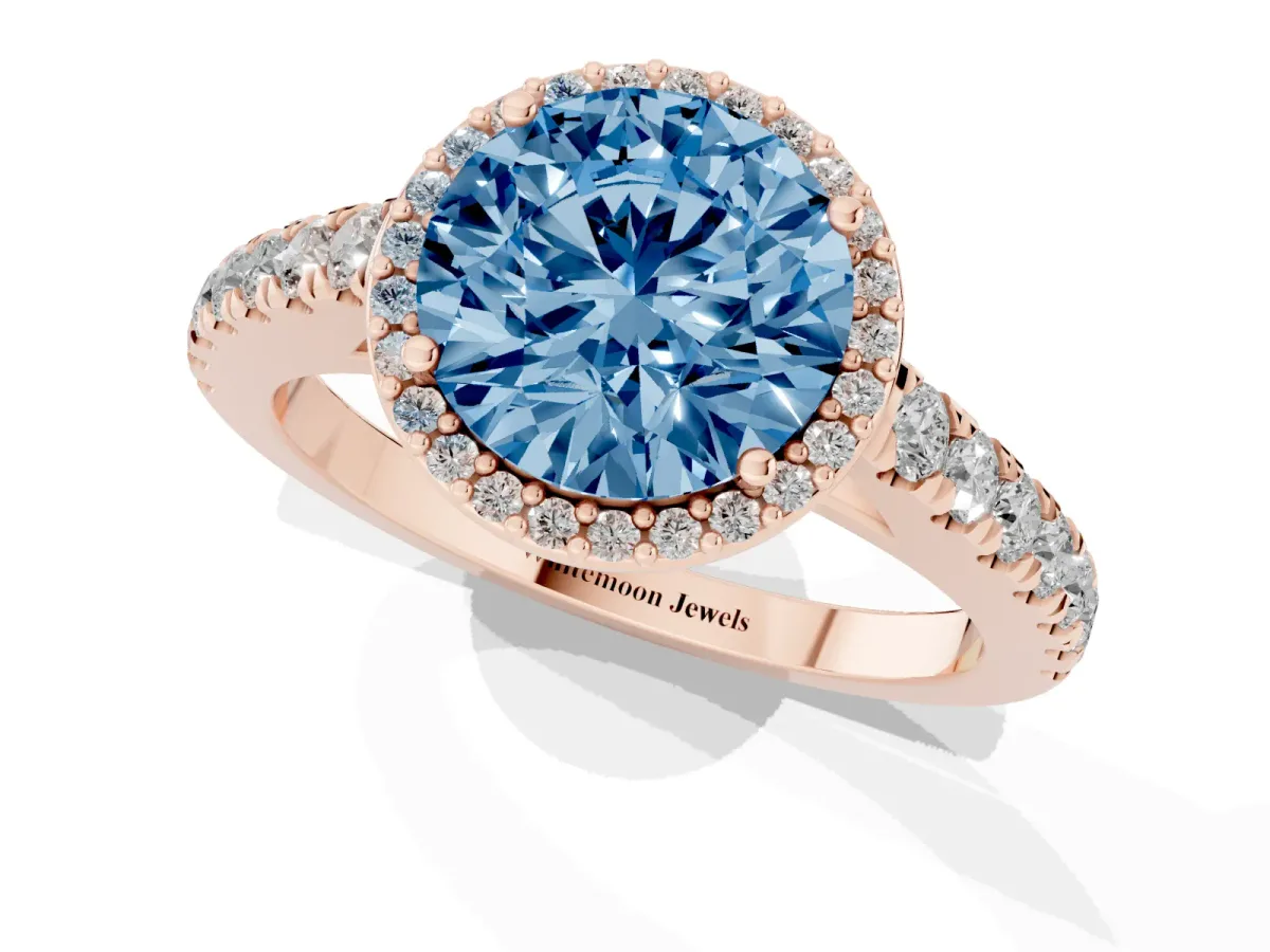 Fancy Blue Round Cut Cut Halo Diamond Engagement Ring with Pave Band and Four-Prong Setting Rose gold