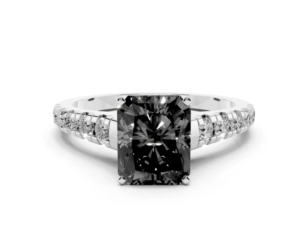 Fancy Black Radiant Cut Diamond Cathedral Solitaire Ring with Round Pavé Band Silver