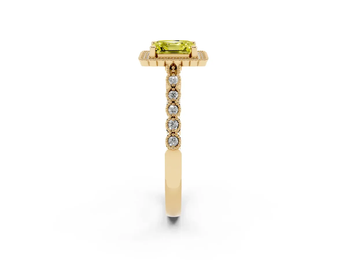 Fancy Yellow Asscher Cut Cut Halo Pavé Solitaire Ring with Milgrain Band Yellow gold