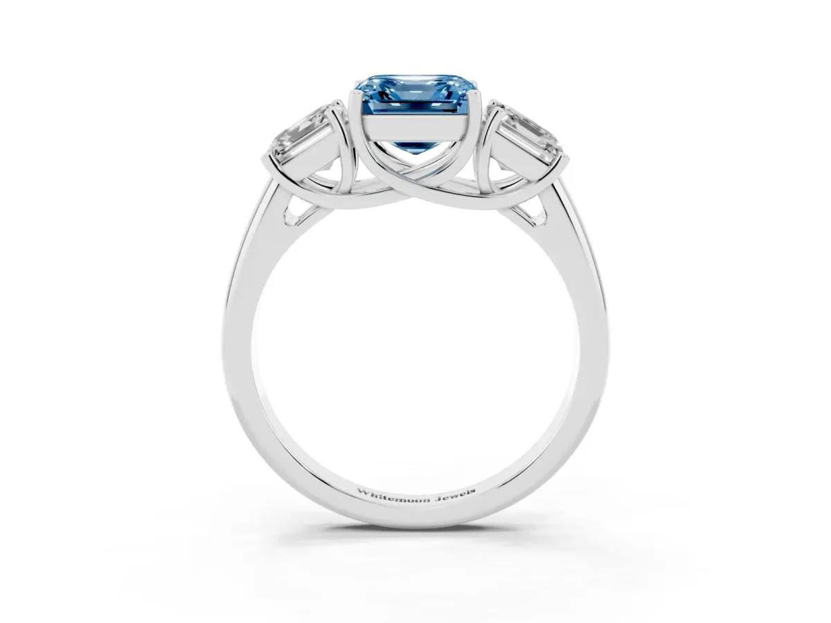 Fancy Blue Three-Stone Asscher Cut Diamond Engagement Ring with Prong Setting Silver