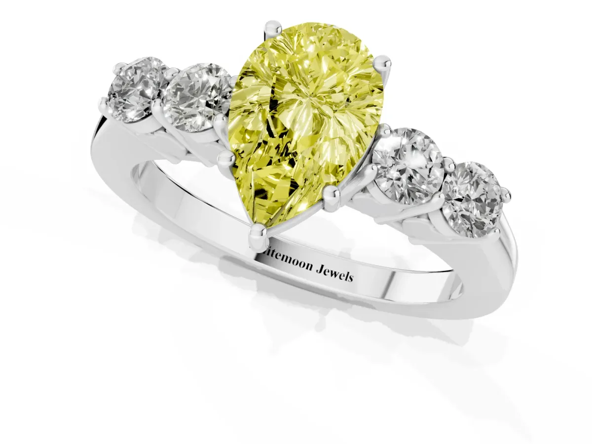 Fancy Yellow Pear Cut Cut Diamond Five-Stone Prong Set White Gold Ring Silver