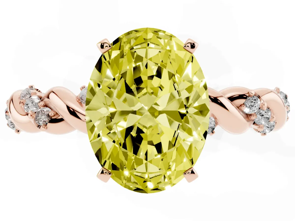 Fancy Yellow Oval Cut Diamond Solitaire Ring with Twisted Band and Pavé Accents Rose gold