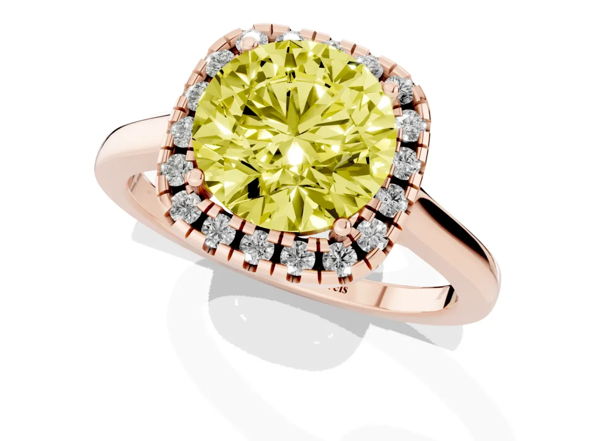 Fancy Yellow Round Cut Halo Round Diamond Solitaire Ring with Pavé Band and Four-Prong Setting Rose gold
