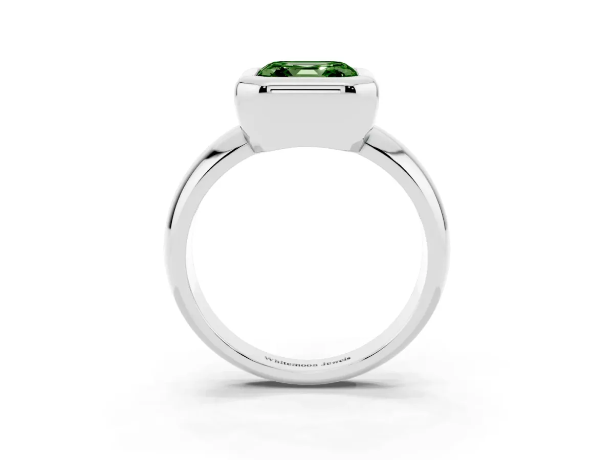 Fancy Green Bezel Set Asscher Cut Solitaire Ring with Wide Band Silver