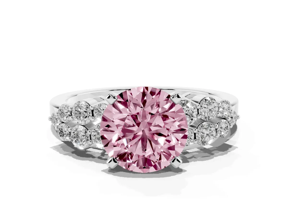 Fancy Pink Round Cut Cluster Diamond Engagement Ring with Pavé Band and Four-Prong Setting Platinum