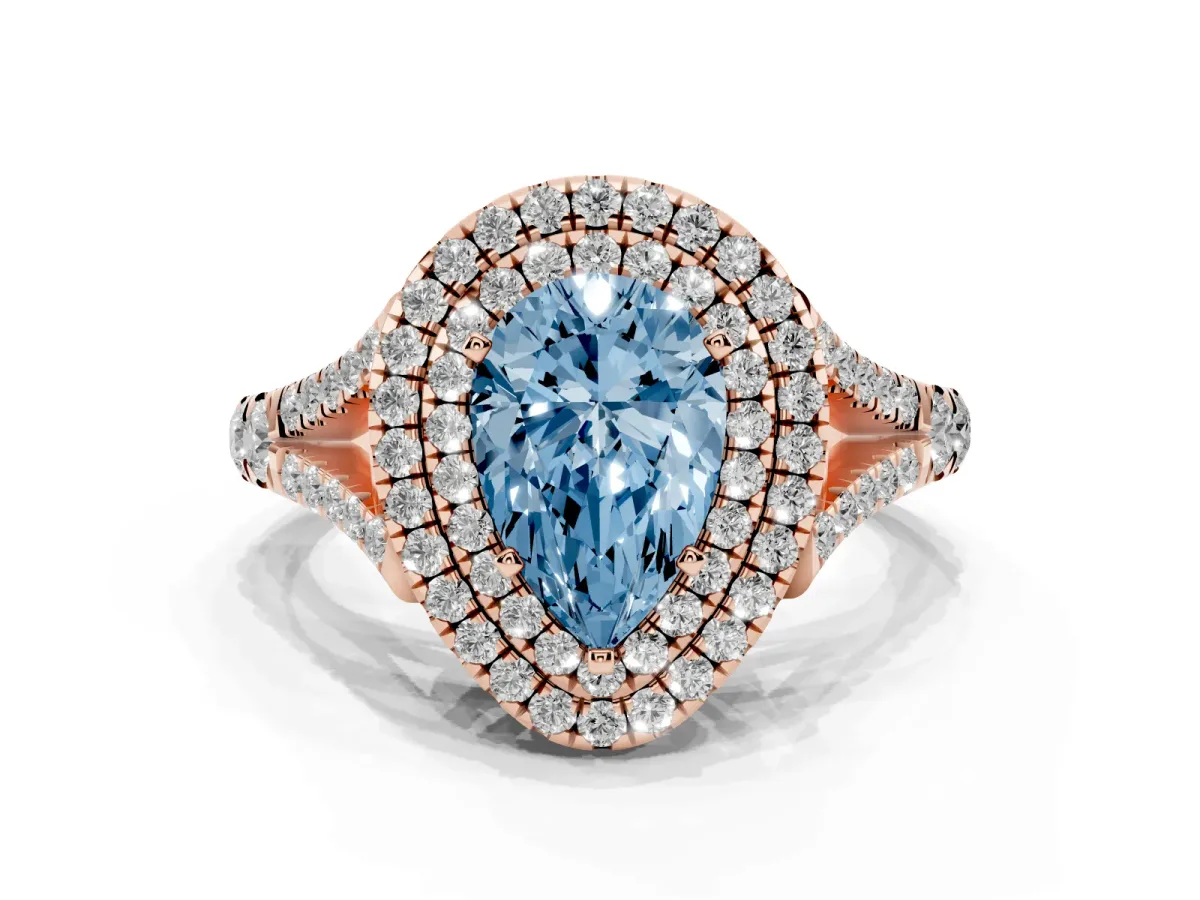 Fancy Blue Pear Cut Cut Double Halo Split Shank Diamond Ring with Prong Setting Rose gold