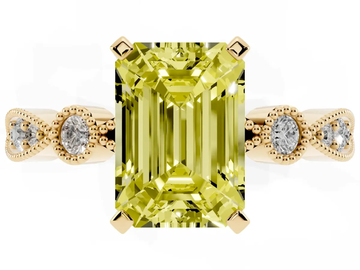 Fancy Yellow Emerald Cut Milgrain Bezel Diamond Engagement Ring with Solitaire Prong Setting Yellow gold