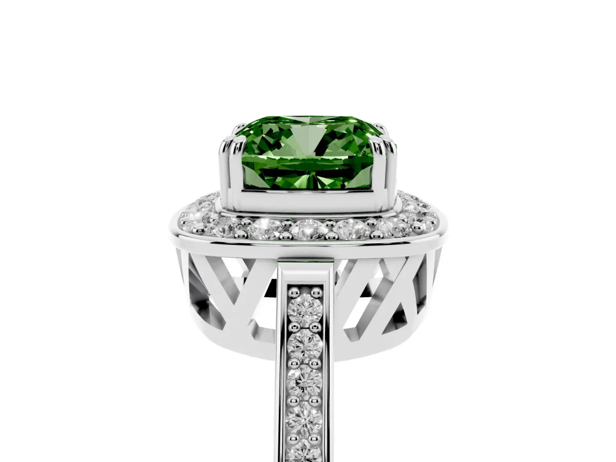 Fancy Green Cushion Cut Diamond Halo Ring with Split Shank and Four-Prong Setting Silver