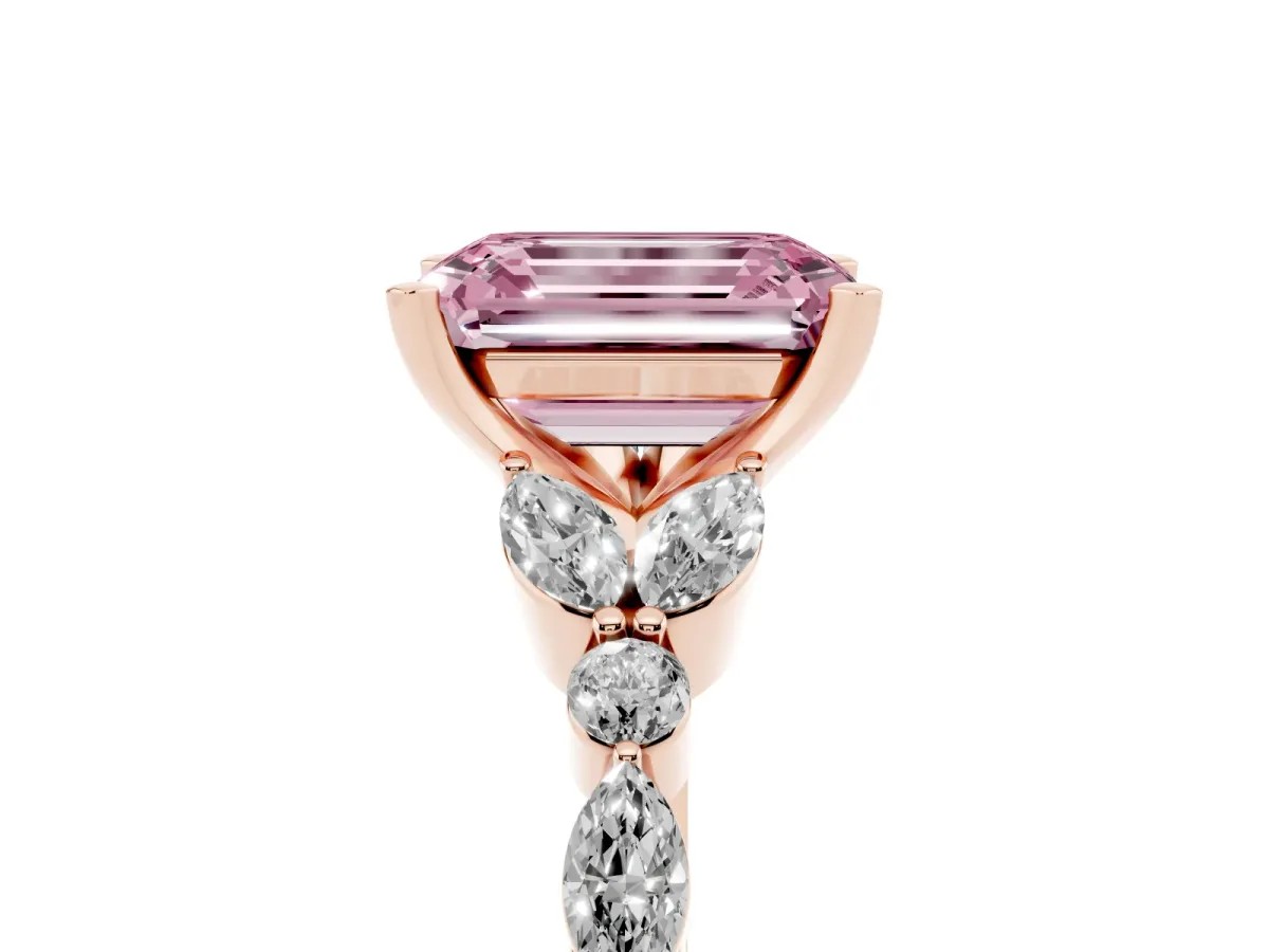 Fancy Pink Emerald Cut Diamond Solitaire Ring with Side Stones and Four-Prong Setting Rose gold