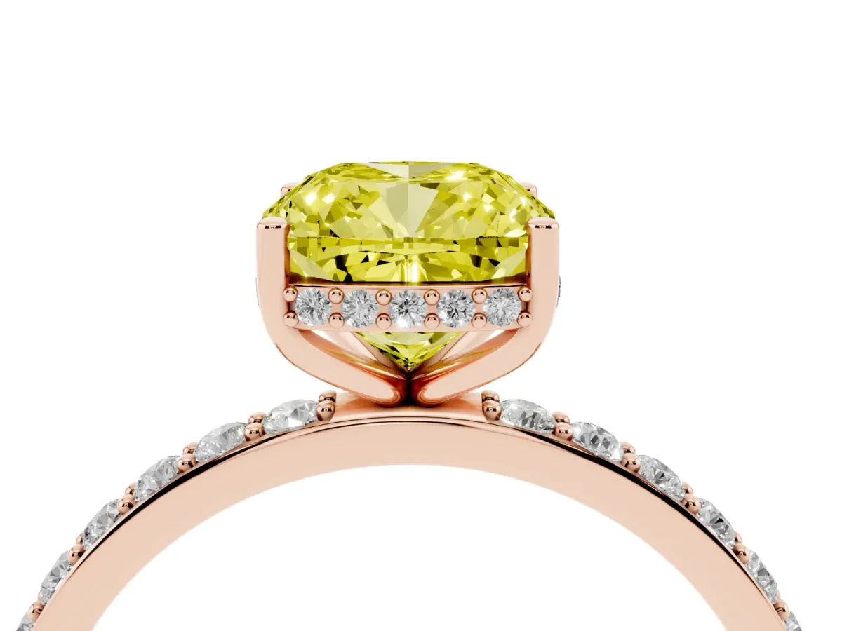 Fancy Yellow Cushion Cut Diamond Solitaire Ring with Pavé Band and Hidden Halo Rose gold