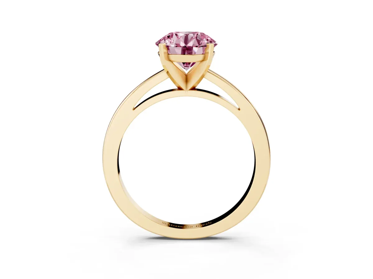 Fancy Pink Round Cut Solitaire Diamond Engagement Ring with Four-Prong Setting on a Classic Band Yellow gold