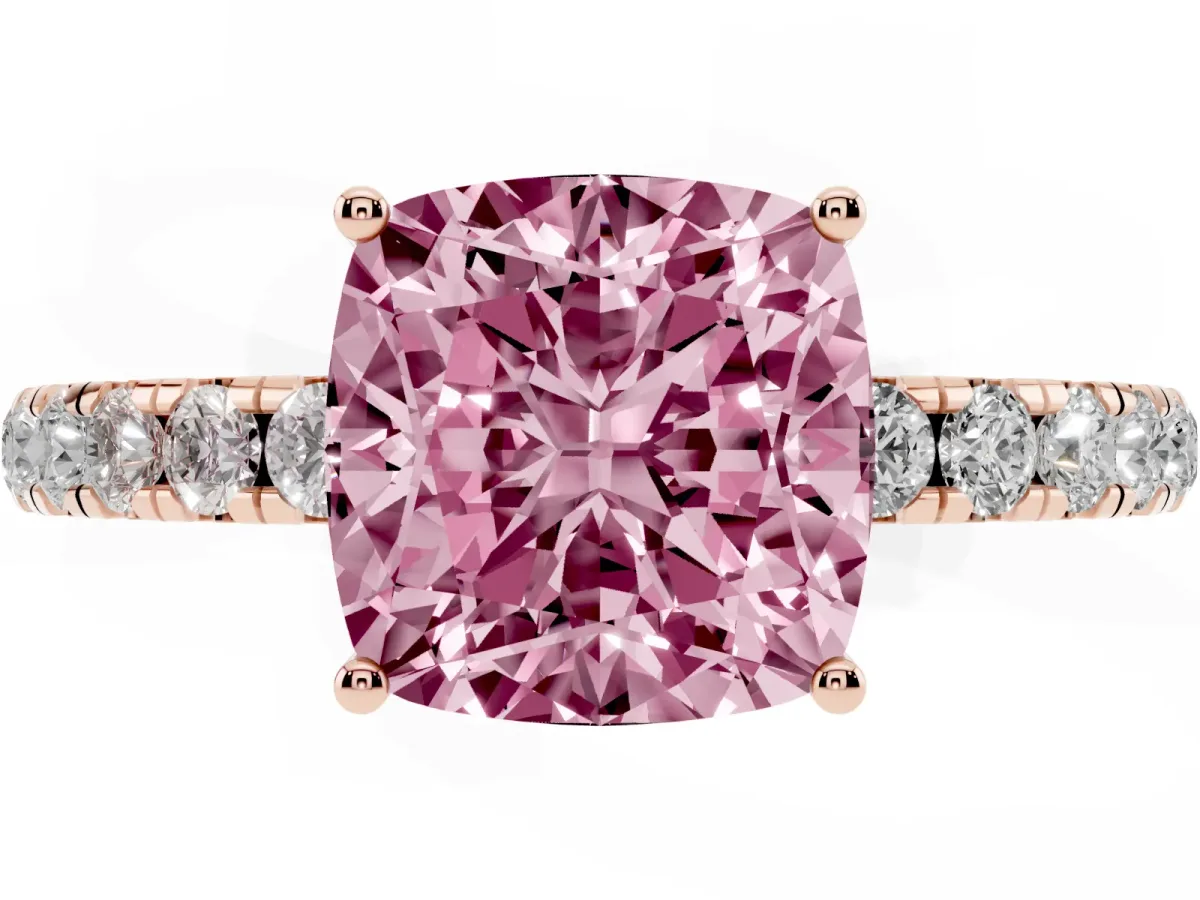 Fancy Pink Cushion Cut Diamond Pavé Solitaire Engagement Ring with Four-Prong Setting Rose gold