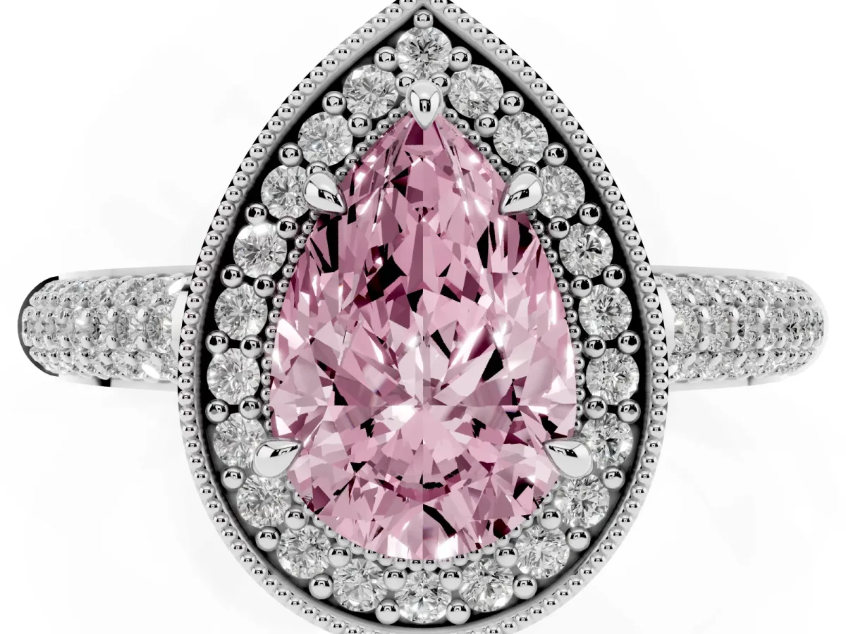 Fancy Pink Pear Cut Cut Halo Diamond Pave Band with Four-Prong Setting Platinum
