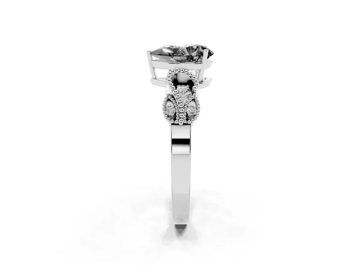 Fancy Black Pear Cut Solitaire Milgrain Leaf Band with Prong Setting Silver