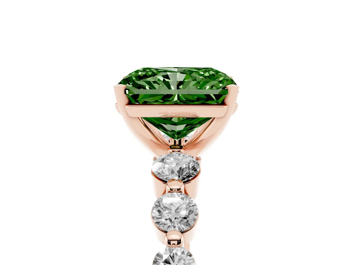 Fancy Green Radiant Cut Solitaire Diamond Ring with Pave Band and Four-Prong Setting Rose gold