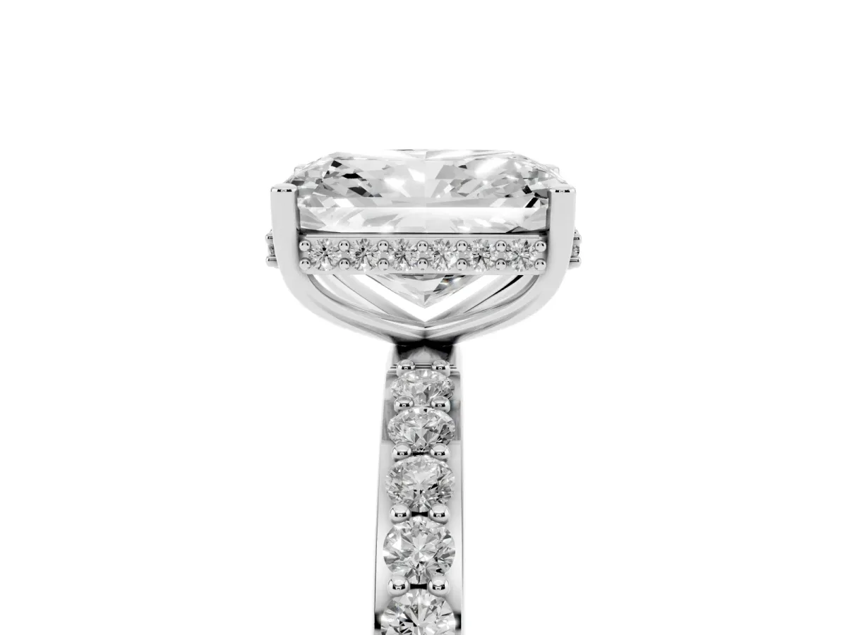 Radiant Cut Diamond Solitaire Ring with Pavé Band and Hidden Halo Silver