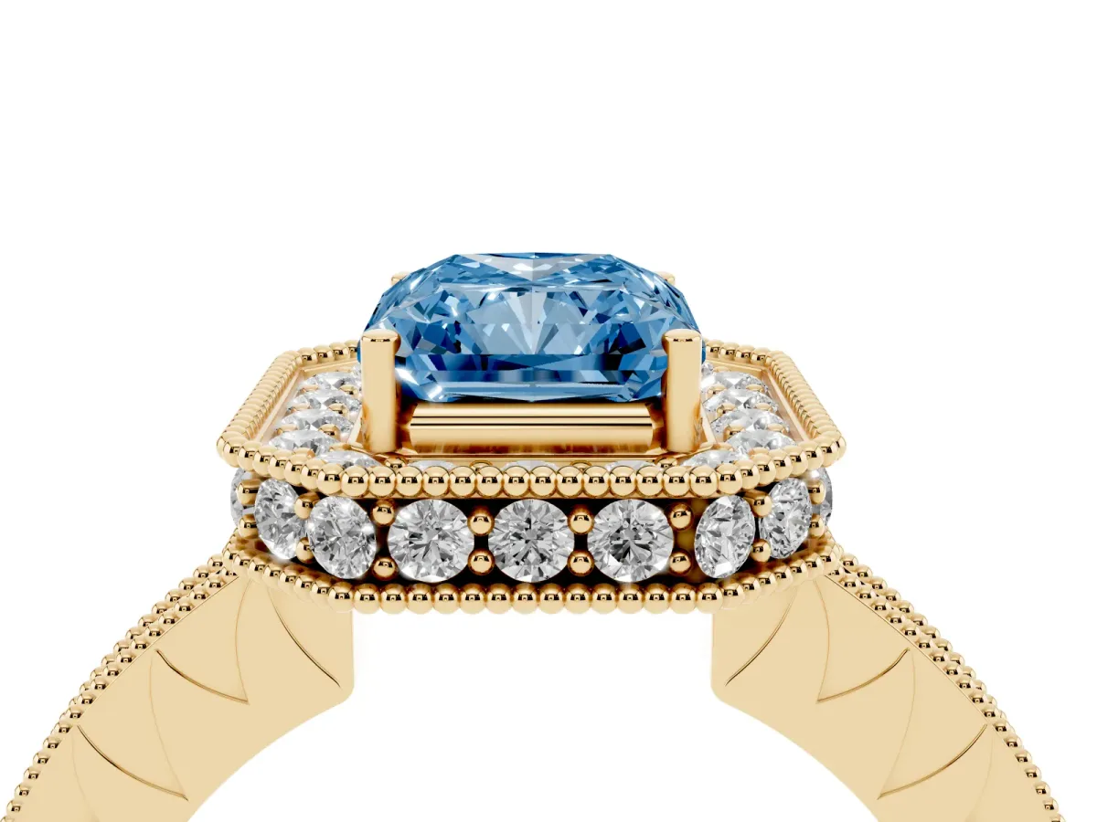 Fancy Blue Radiant Cut Diamond Milgrain Halo Engagement Ring with Round Pavé Band and Prong Setting Yellow gold
