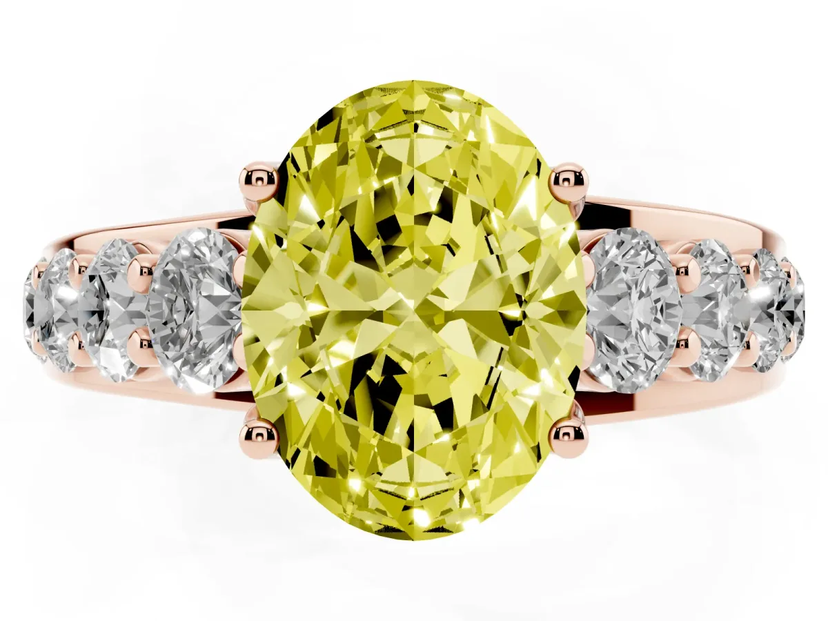Fancy Yellow Oval Cut Diamond Engagement Ring with Pavé Band and Four-Prong Setting Rose gold